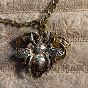 Hand Crafted Bee Necklace 3D Bronze And Silvertone Necklace